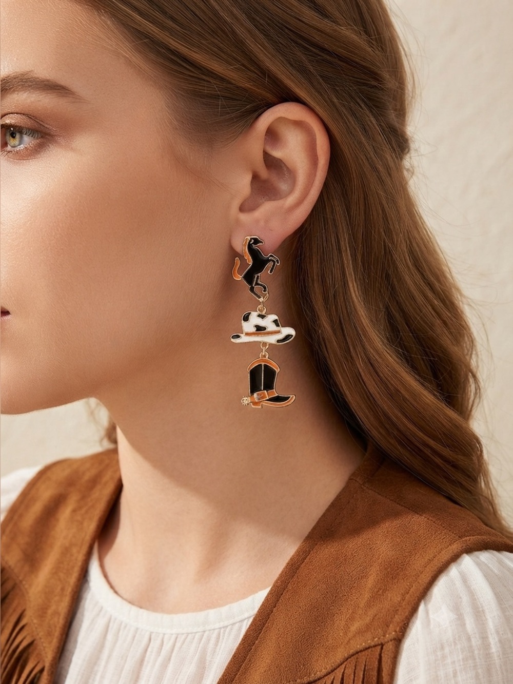 Western Enamel Horse Cowboy Hat Boot Dangle Earrings